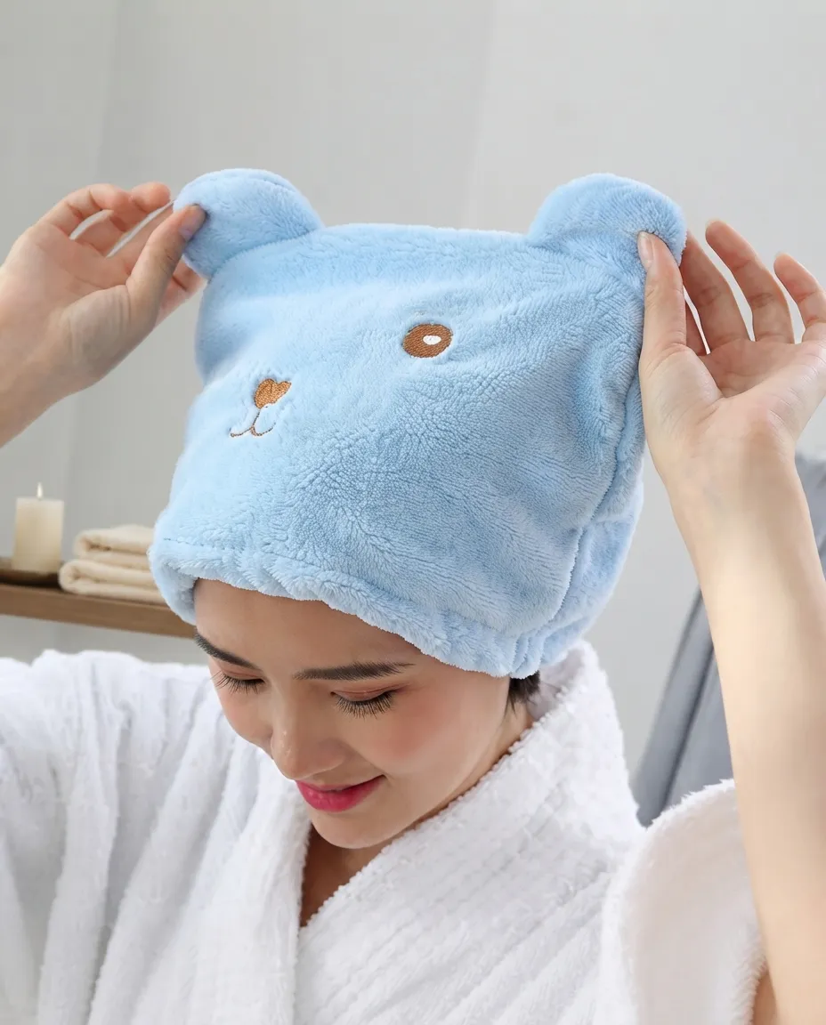 Light Blue Super Absorbent Coral Fabric Elastic Hair Cap