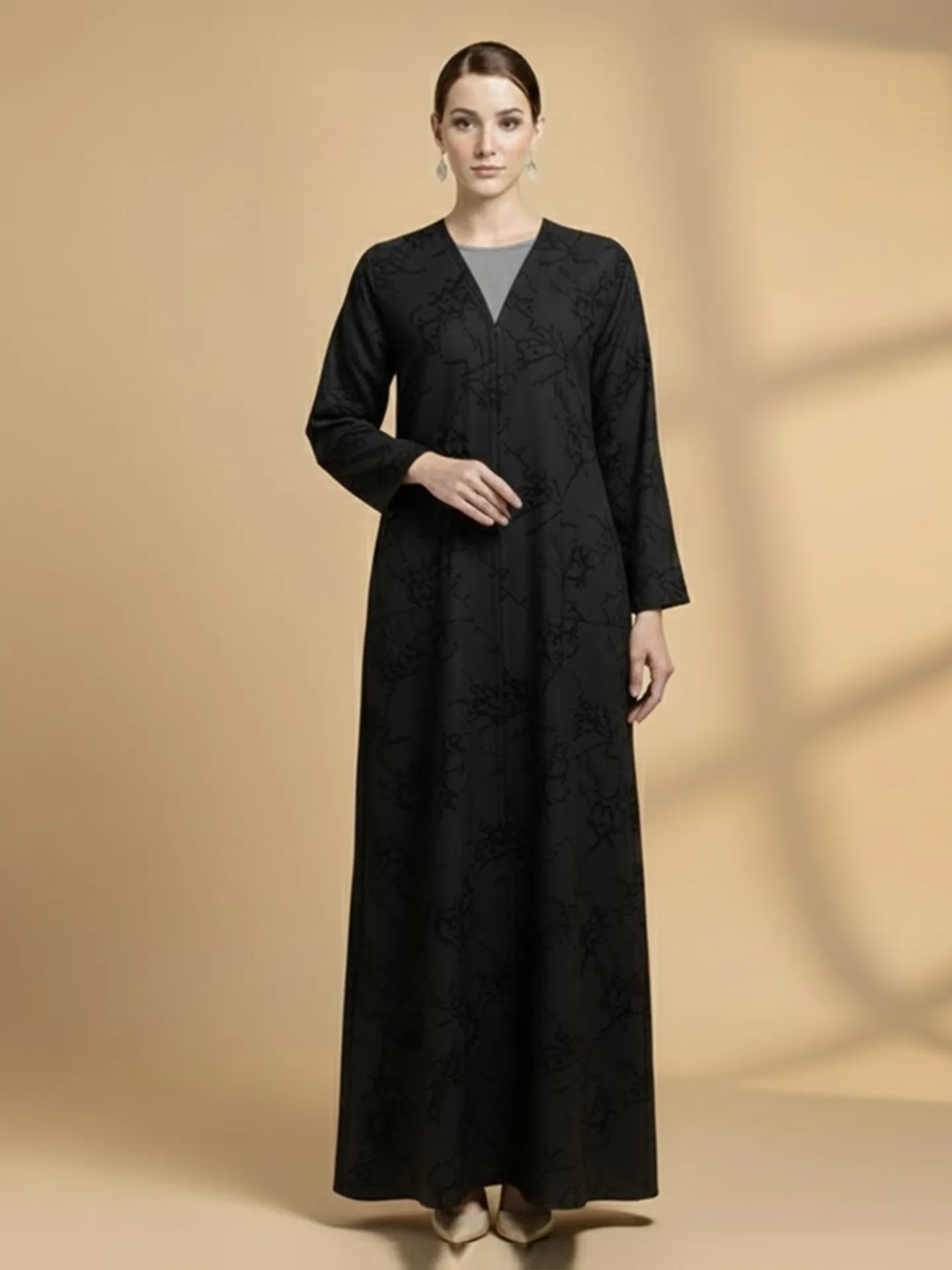 Unique Jacquard Texture Modern Long Sleeve V-neck Button Closure Women Fashion Arabic Muslim Abaya