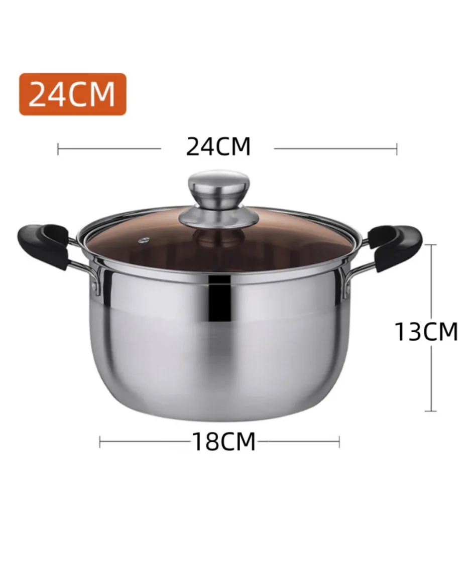 24CM Cookware Set Glass Lid High Quality Multi-purpose Stainless Steel Double Handle Cooking Pot