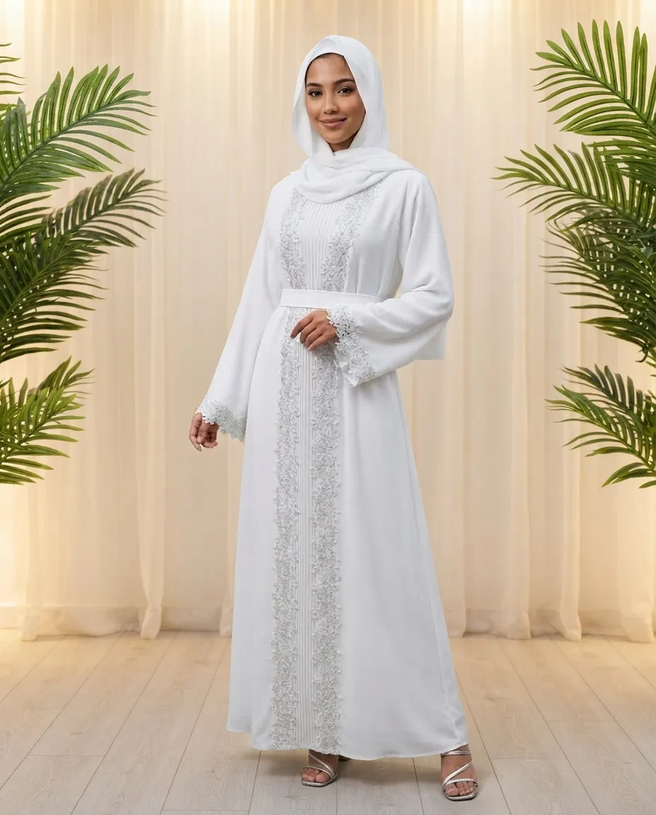 Denta Dentelle White 3-Piece Abaya Set With Inner & Sheila