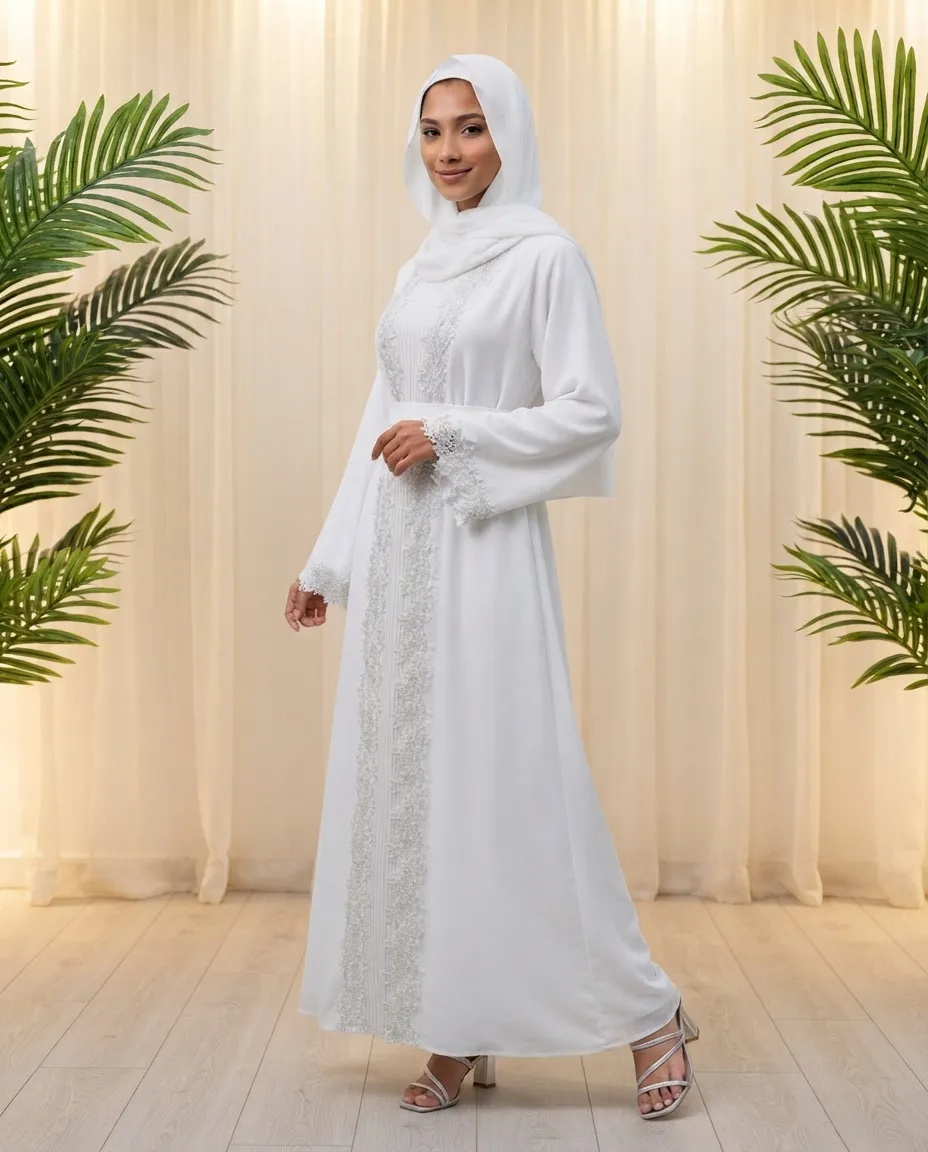 Denta Dentelle White 3-Piece Abaya Set With Inner & Sheila