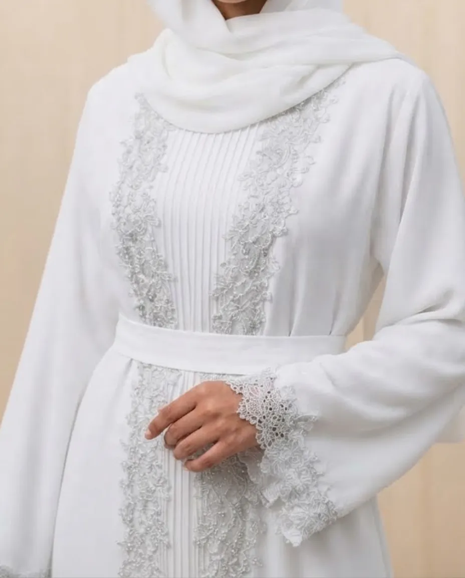 Denta Dentelle White 3-Piece Abaya Set With Inner & Sheila