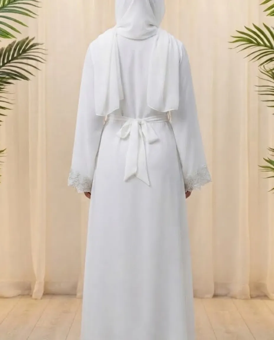 Denta Dentelle White 3-Piece Abaya Set With Inner & Sheila