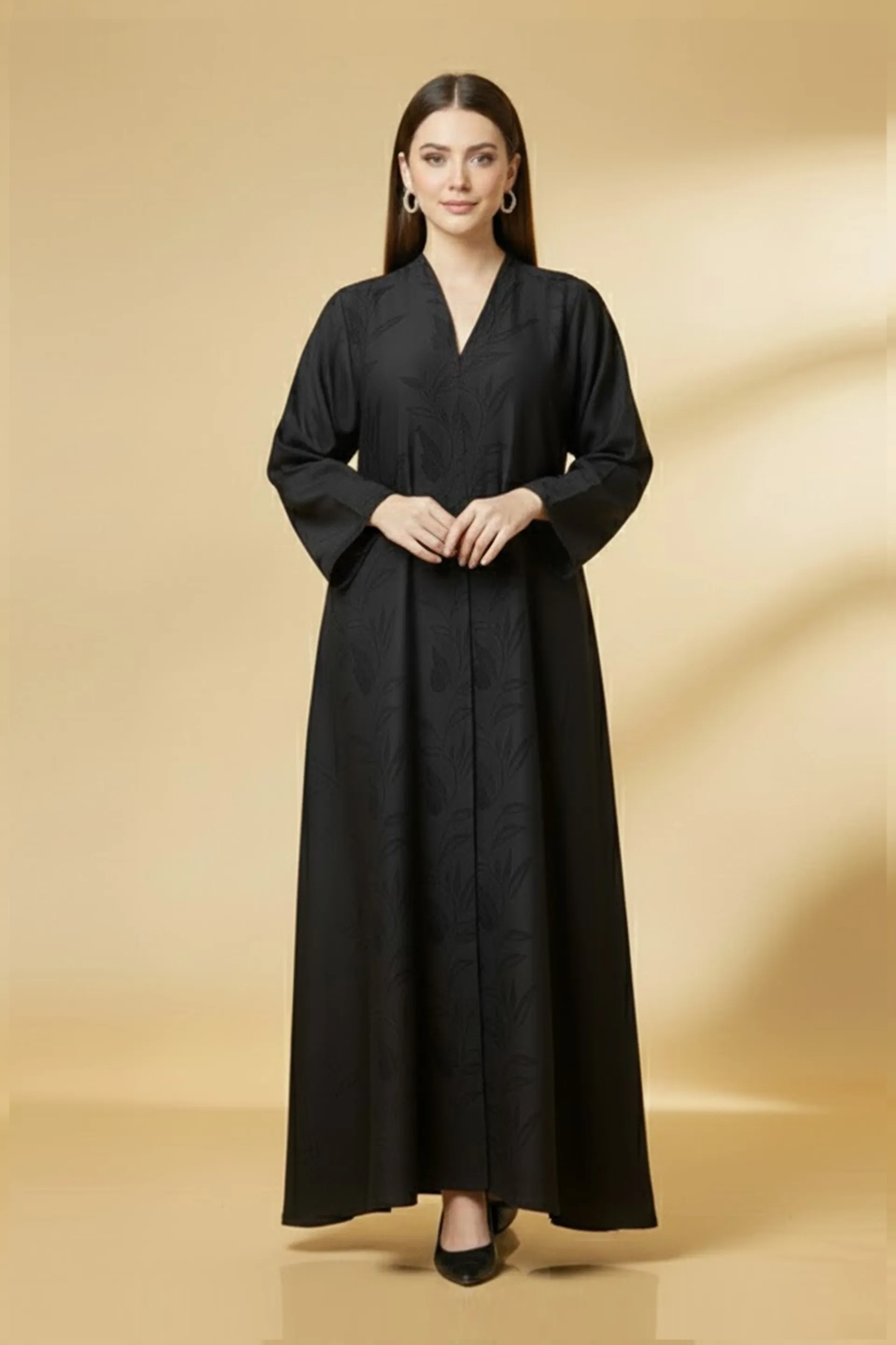 Noir Leaf-print Abaya Classic Tonal Embroider V-neck Long Sleeve Muslim Arabic Black Abaya