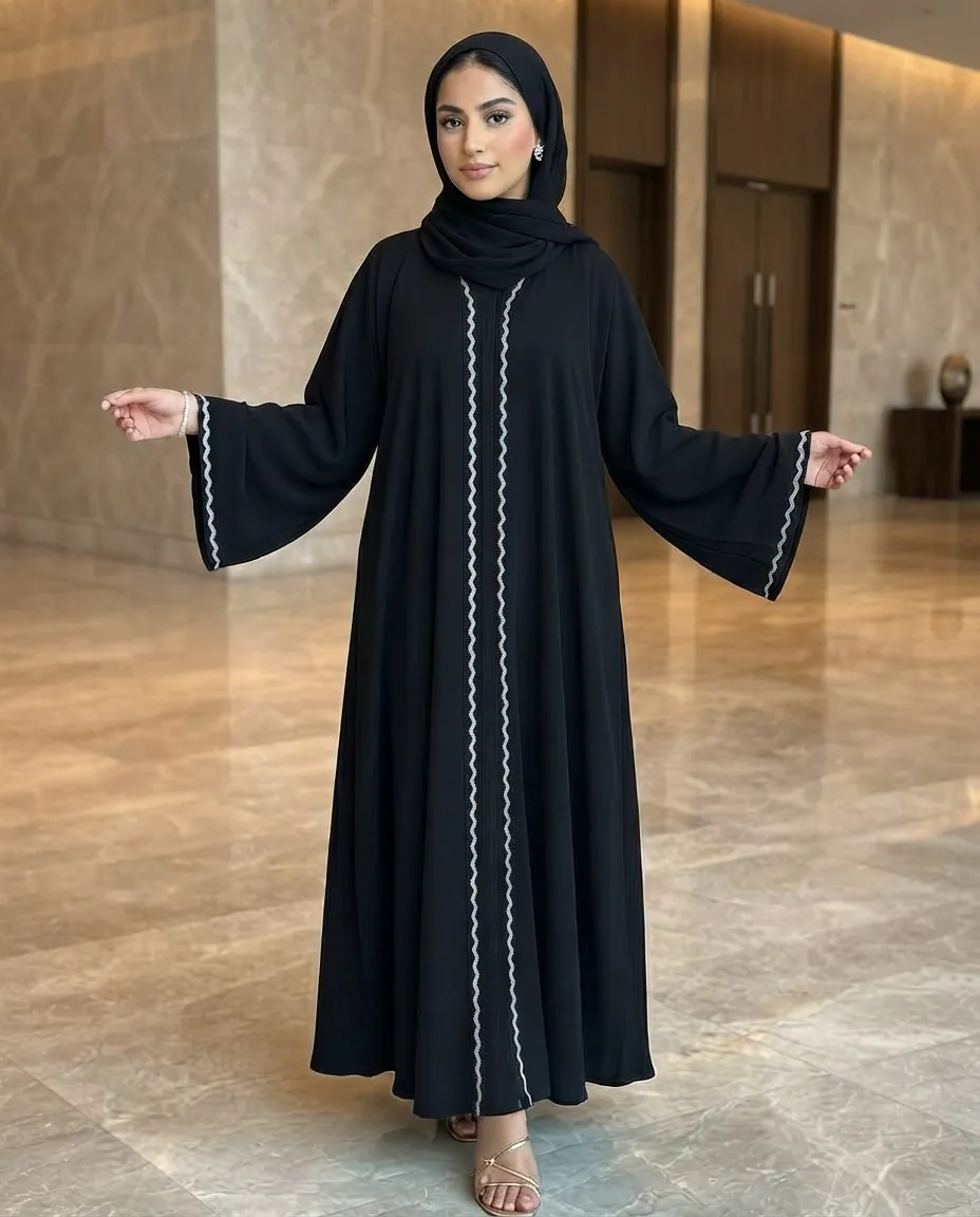 Premium Women's V-Neck Wide Sleeve Front-Closed Umbrella Abaya