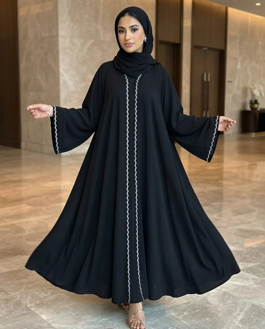 Premium Women's V-Neck Wide Sleeve Front-Closed Umbrella Abaya