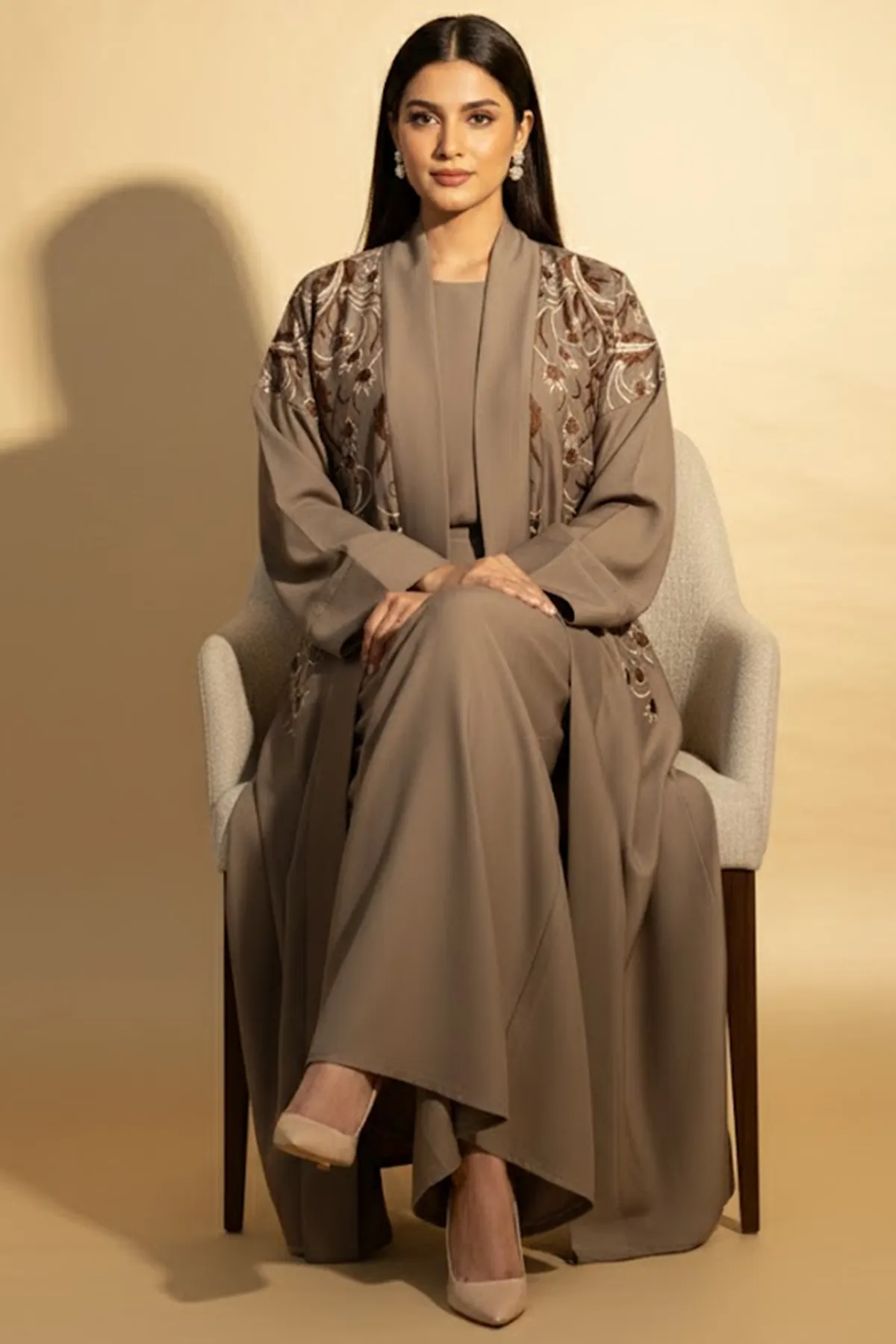 Elegant Embroidered 2 Piece Abaya Set For Women Muslim Wear Arabic Open Abaya With Inner Dress