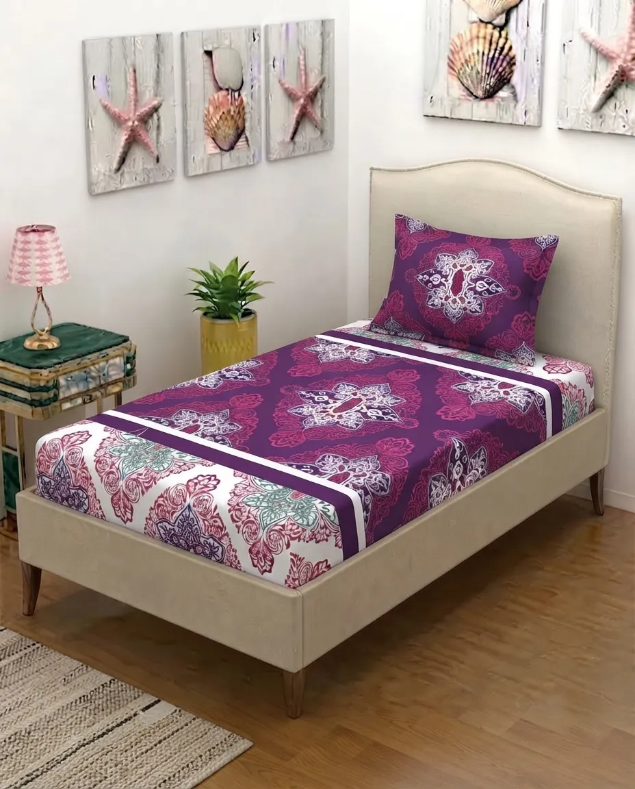 Purple Mandala Single Bedsheet Set With 1 Pillow Cover – 140x230cm