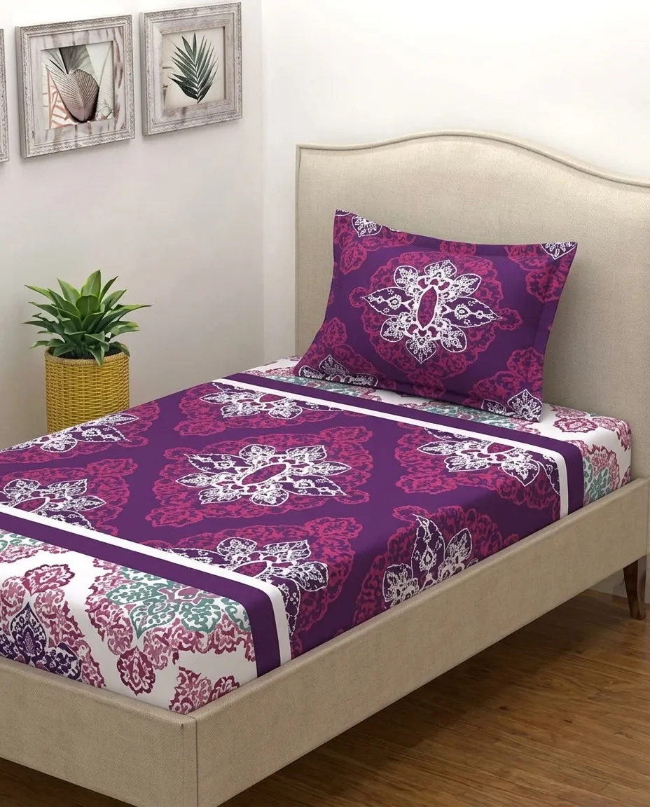 Purple Mandala Single Bedsheet Set With 1 Pillow Cover – 140x230cm