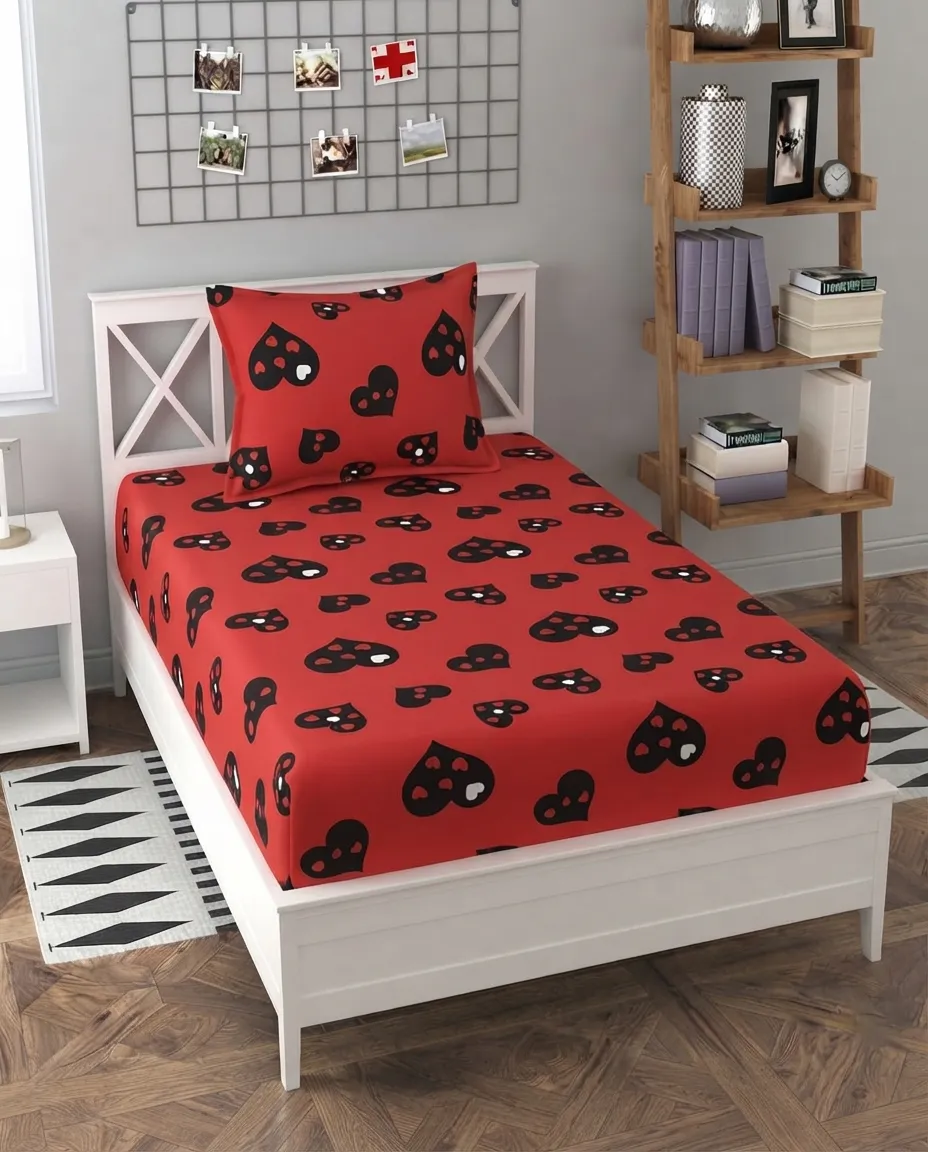 Red Heart Single Bed Fitted Elastic Bedsheet with Matching Pillow Cover