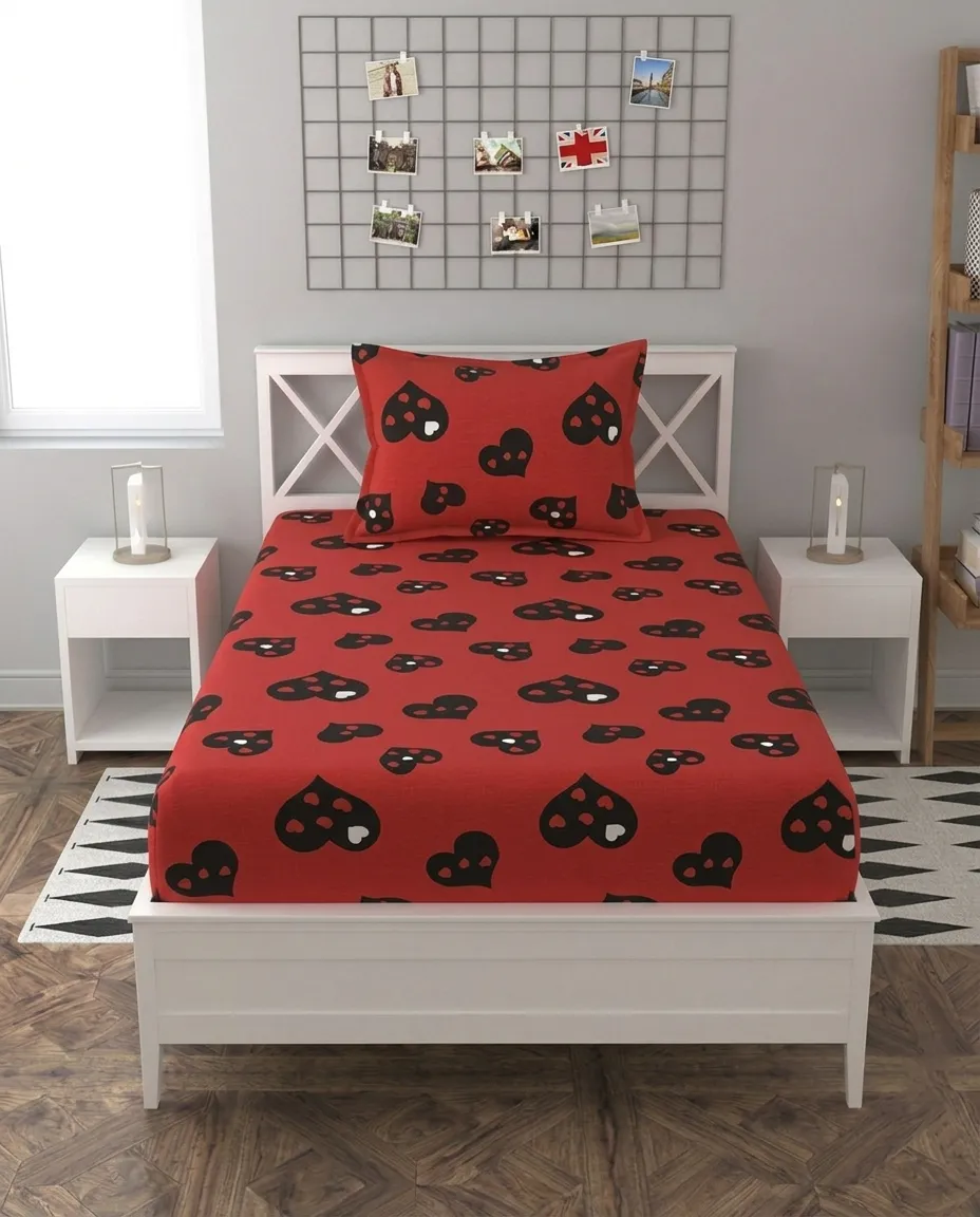 Red Heart Single Bed Fitted Elastic Bedsheet with Matching Pillow Cover