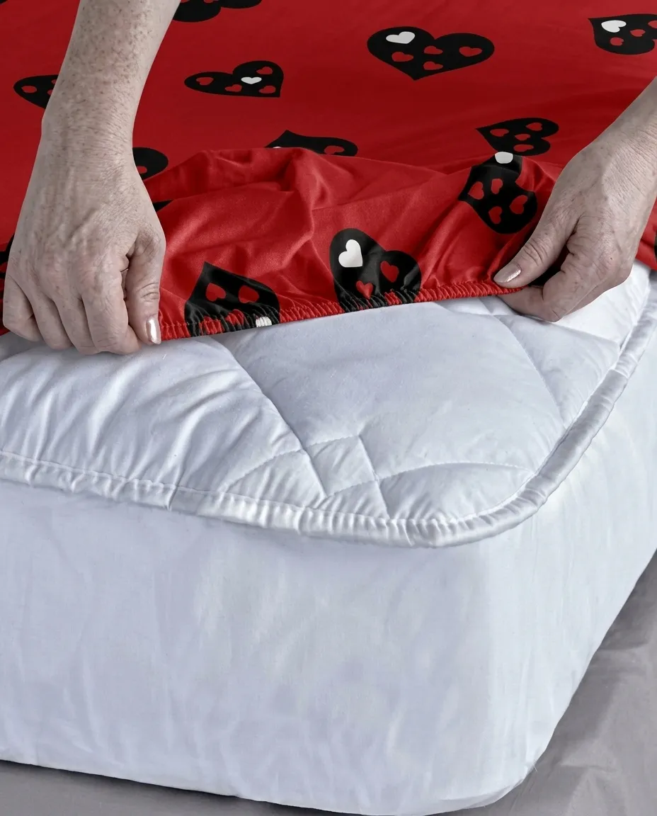 Red Heart Single Bed Fitted Elastic Bedsheet with Matching Pillow Cover