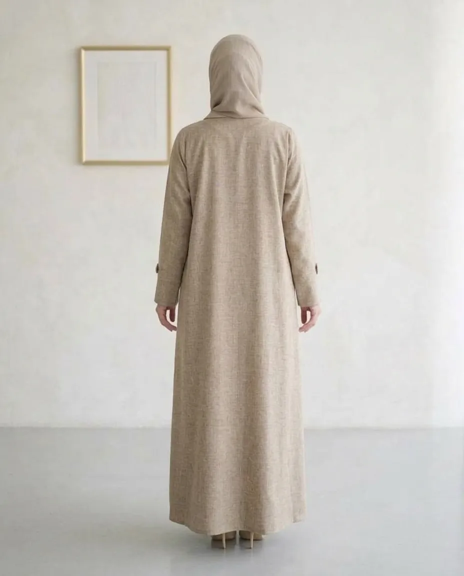 Beige Modest 3 Pieces Abaya Textured Fabric With Inner And Hijab