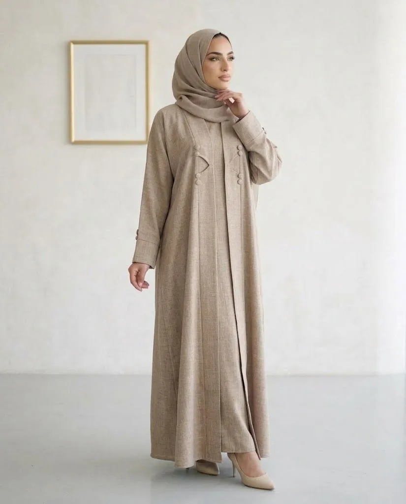 Beige Modest 3 Pieces Abaya Textured Fabric With Inner And Hijab