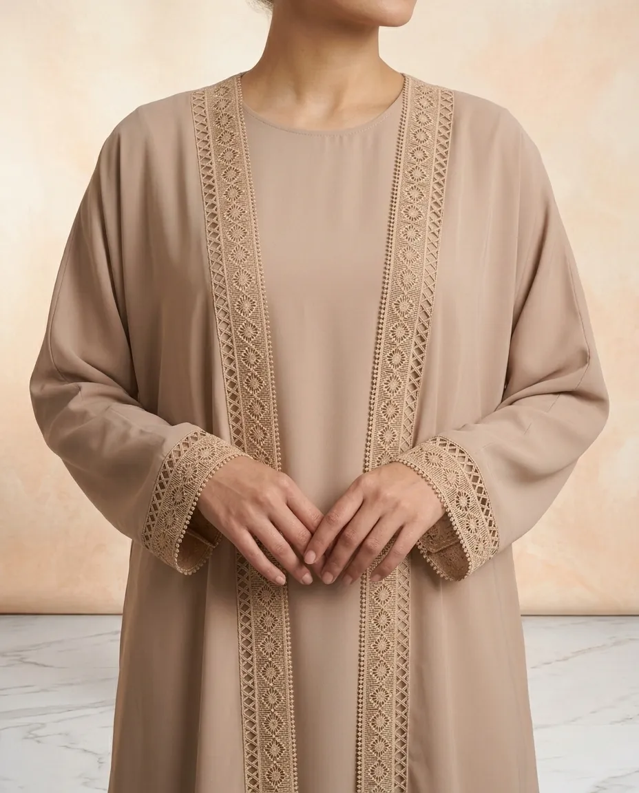 Premium Beige 3-Piece Abaya Set with Lace Border Inner and Hijab