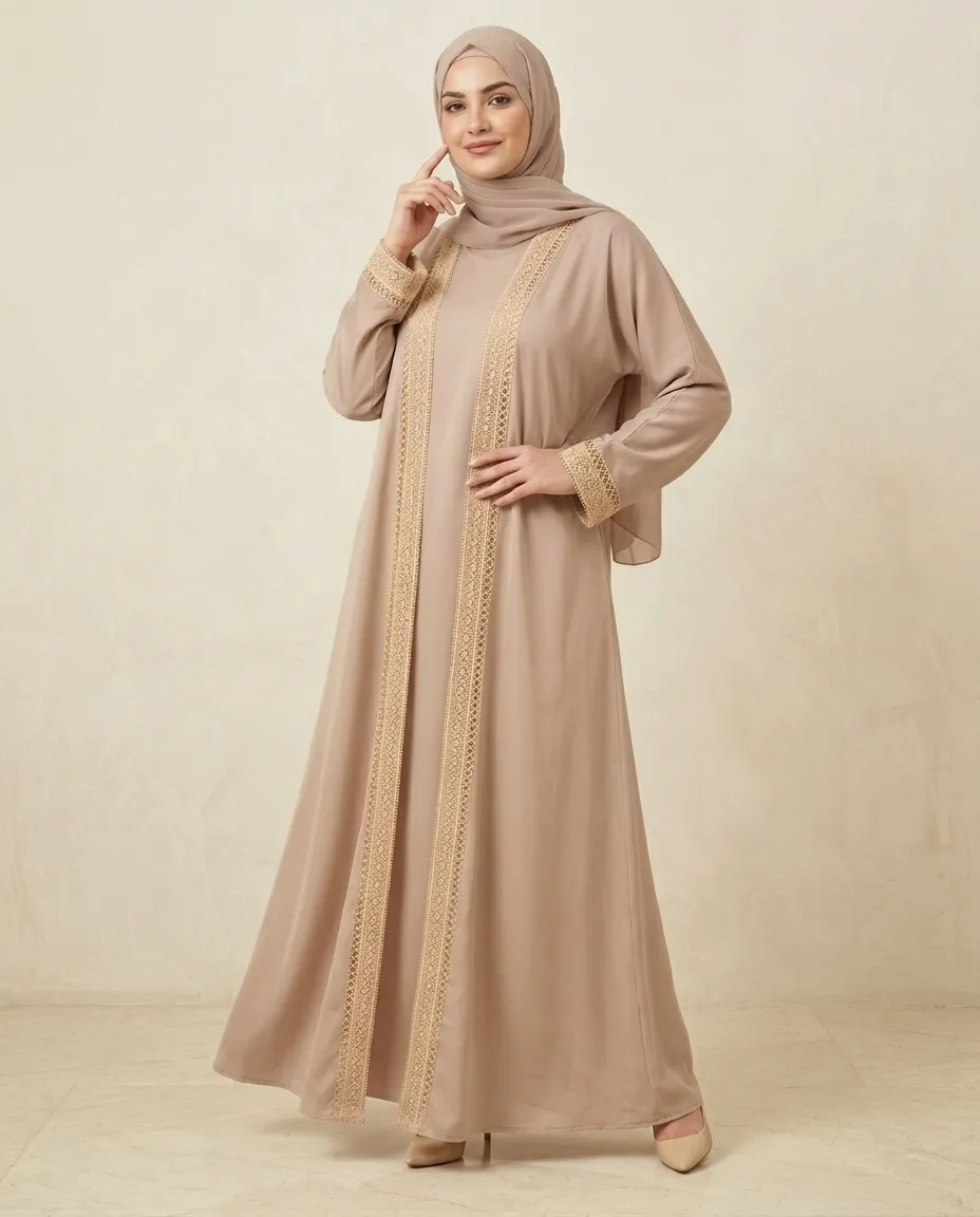 Premium Beige 3-Piece Abaya Set with Lace Border Inner and Hijab