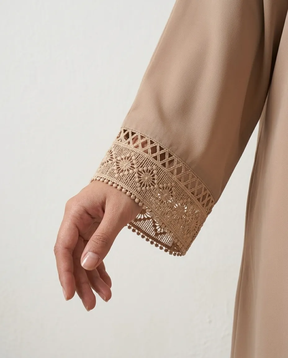 Premium Beige 3-Piece Abaya Set with Lace Border Inner and Hijab