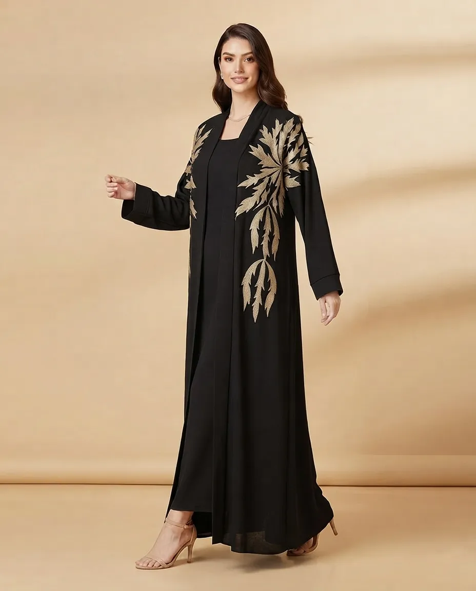 3-in-1 Premium Black Embroidered Abaya with Inner Dress And Sheila