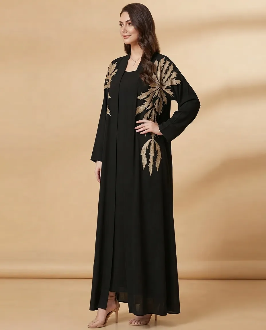 3-in-1 Premium Black Embroidered Abaya with Inner Dress And Sheila
