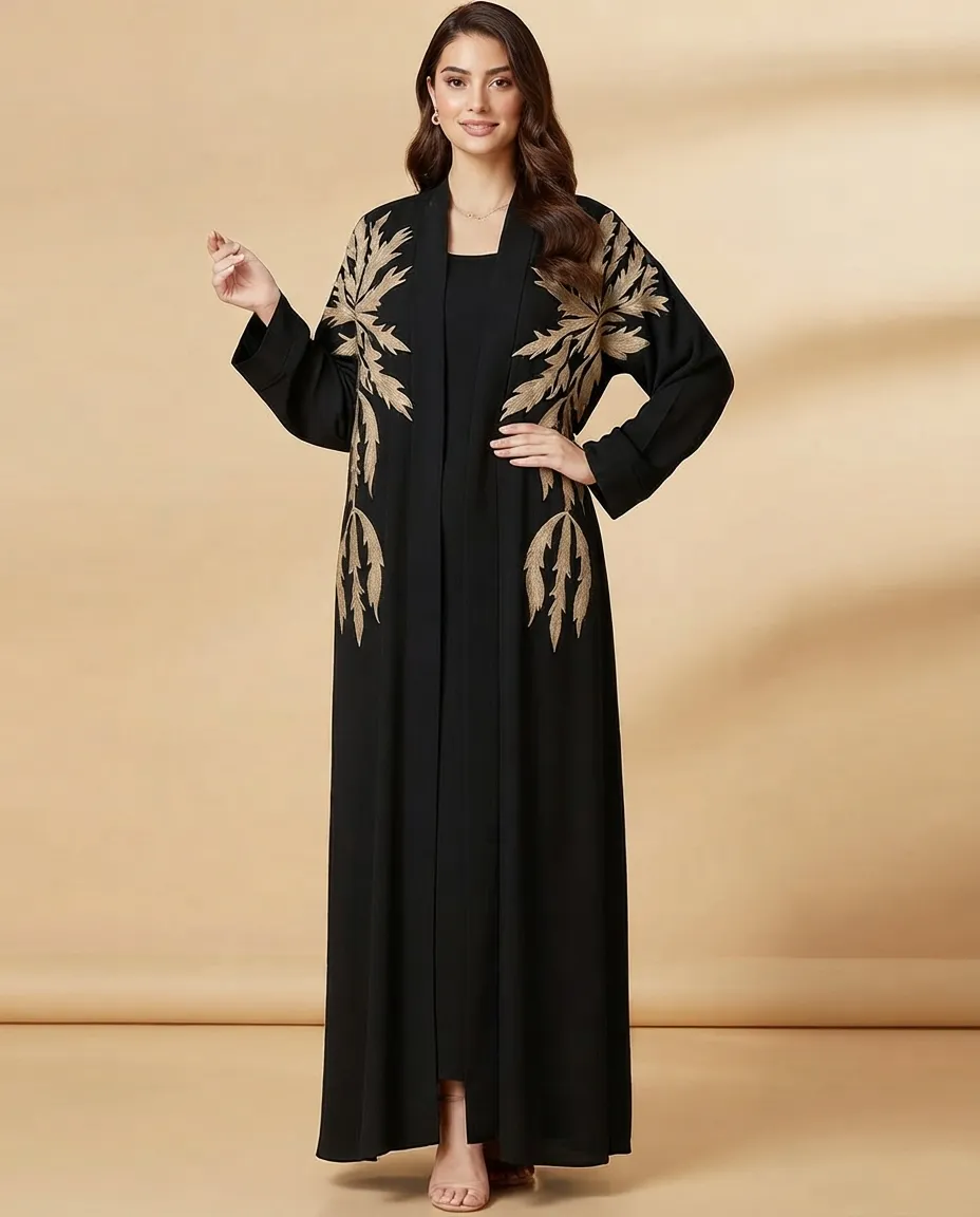 3-in-1 Premium Black Embroidered Abaya with Inner Dress And Sheila