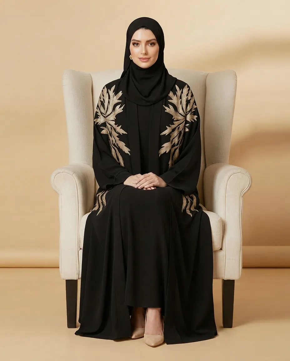 3-in-1 Premium Black Embroidered Abaya with Inner Dress And Sheila