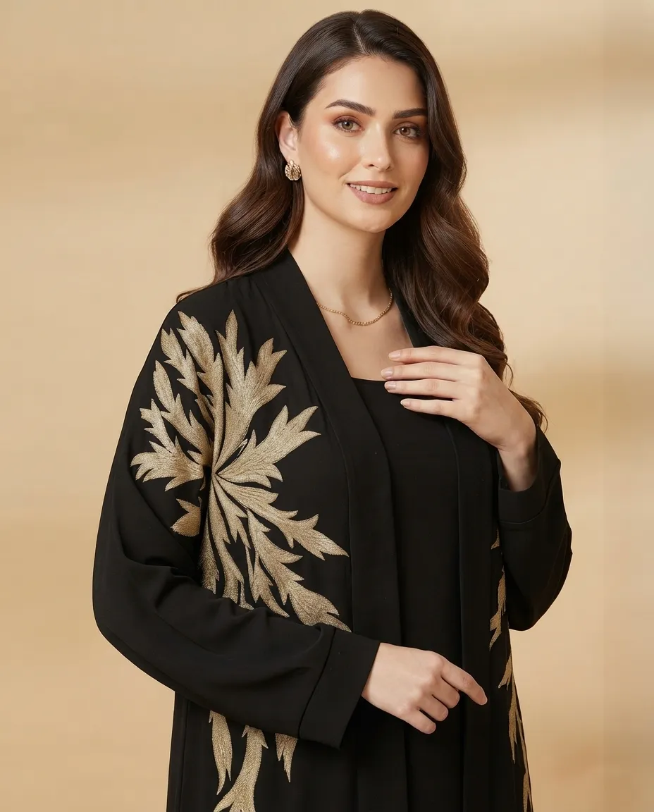 3-in-1 Premium Black Embroidered Abaya with Inner Dress And Sheila