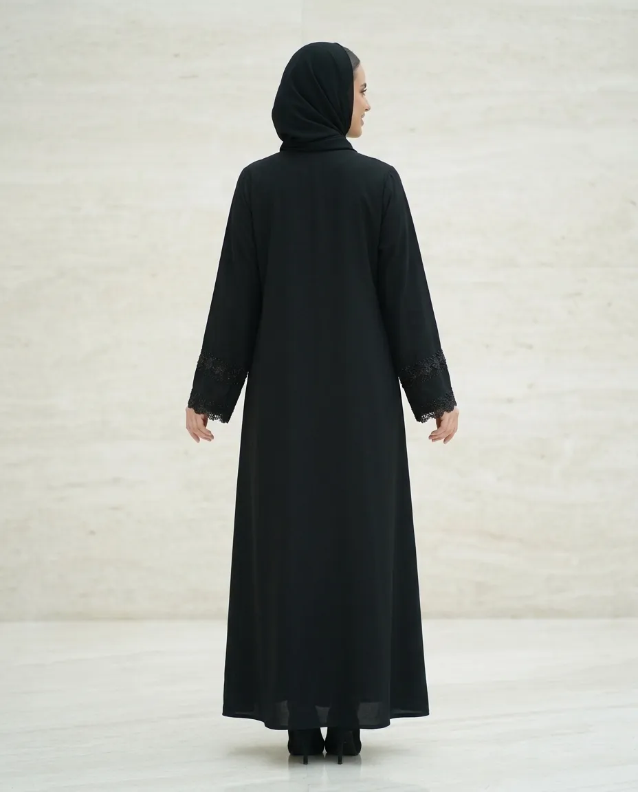 Luxury Black V-Neck Abaya with Beaded Lace Cuffs