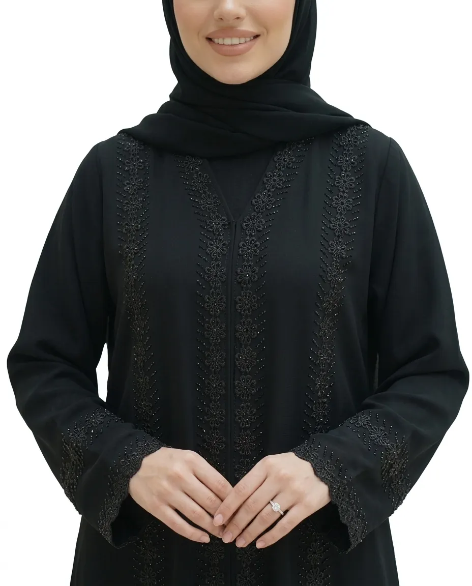 Luxury Black V-Neck Abaya with Beaded Lace Cuffs