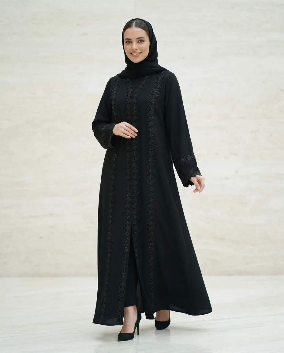 Luxury Black V-Neck Abaya with Beaded Lace Cuffs