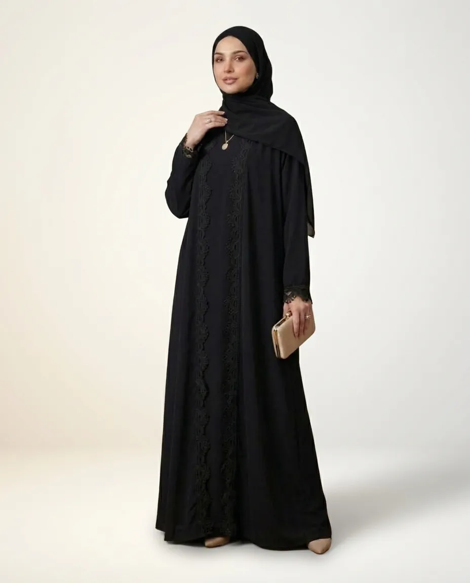 Luxury Black 3-Piece Abaya Set with Lace Trims, Inner Dress & Matching Hijab