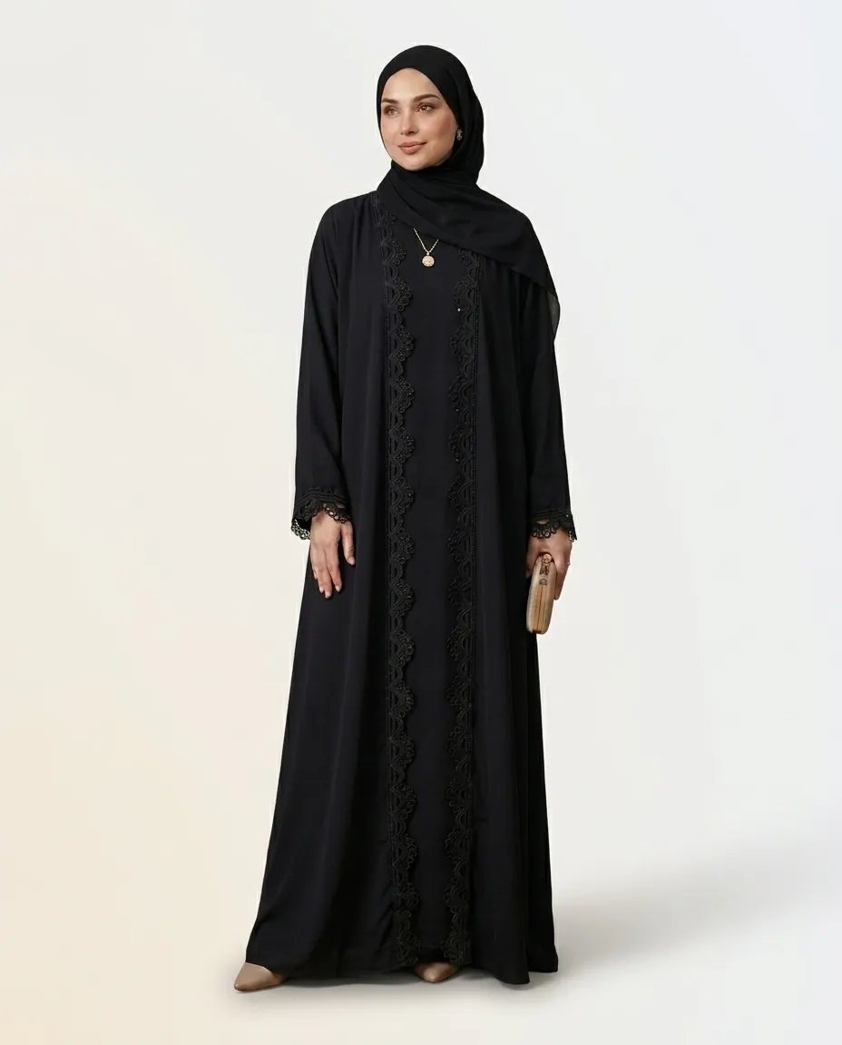 Luxury Black 3-Piece Abaya Set with Lace Trims, Inner Dress & Matching Hijab