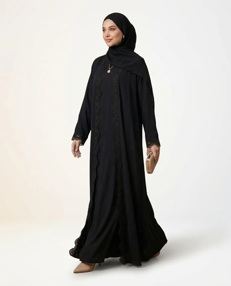 Luxury Black 3-Piece Abaya Set with Lace Trims, Inner Dress & Matching Hijab