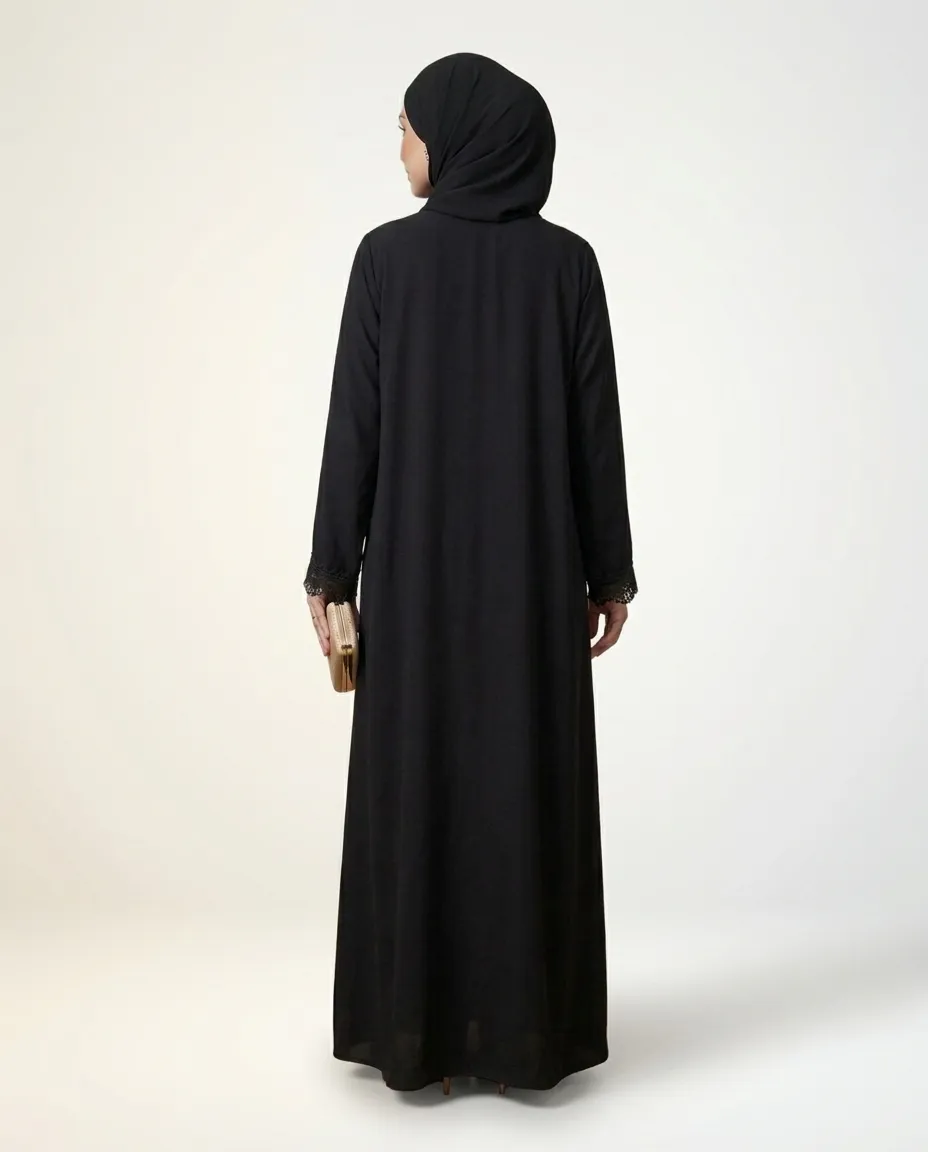 Luxury Black 3-Piece Abaya Set with Lace Trims, Inner Dress & Matching Hijab