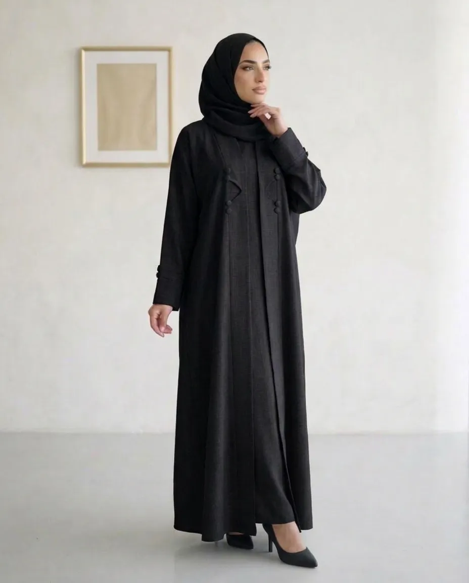 Black Fashion Modest 3 Pieces Abaya Textured Fabric With Inner And Hijab