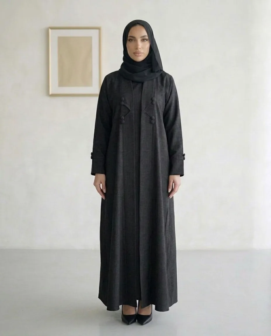 Black Fashion Modest 3 Pieces Abaya Textured Fabric With Inner And Hijab