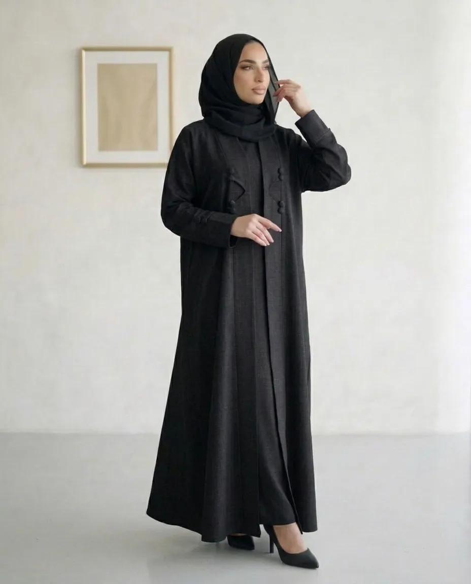 Black Fashion Modest 3 Pieces Abaya Textured Fabric With Inner And Hijab