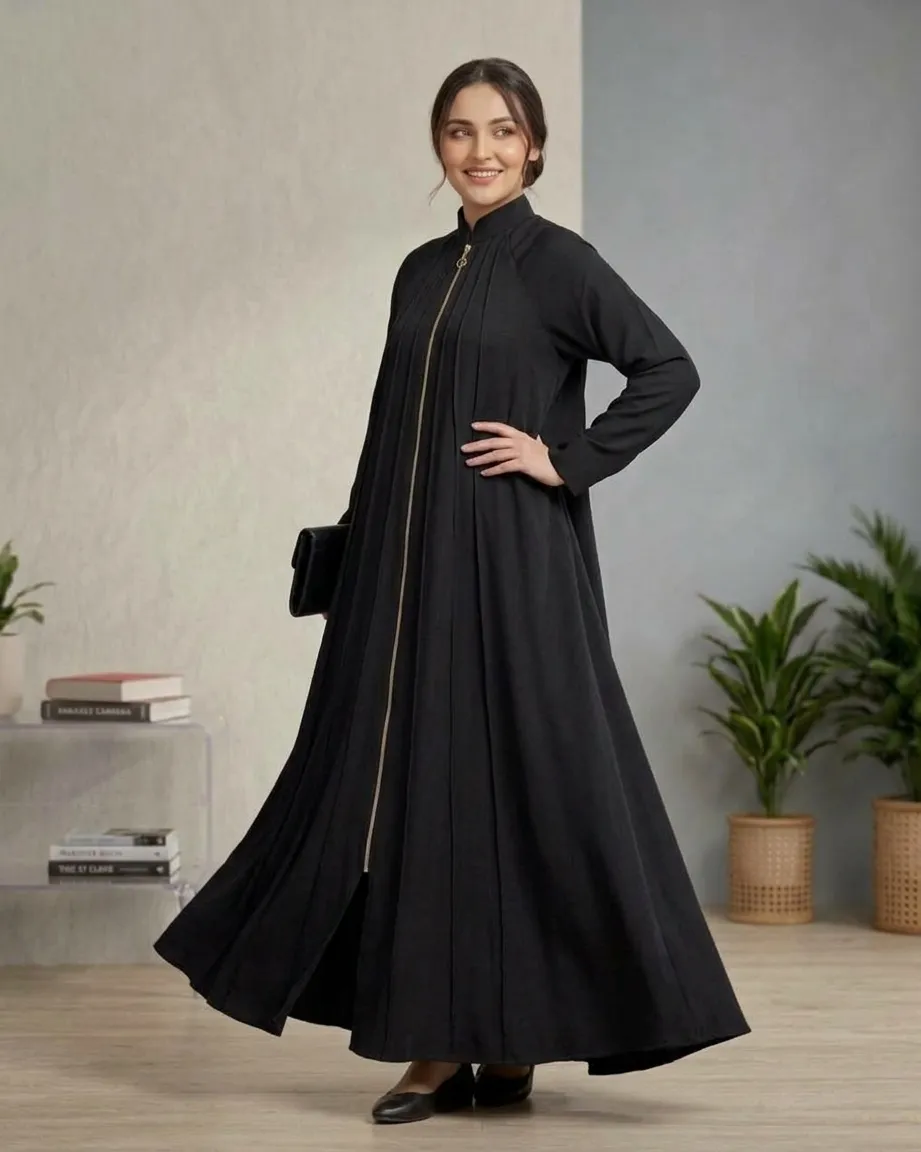 Women’s High-Neck Zipper Pleated Premium Black Abaya With Scarf