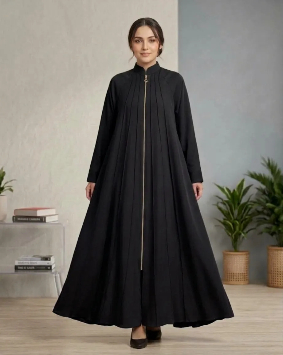 Women’s High-Neck Zipper Pleated Premium Black Abaya With Scarf