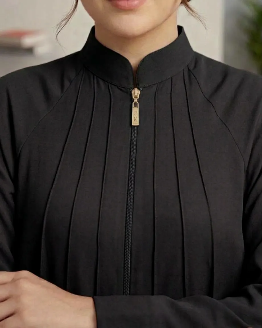 Women’s High-Neck Zipper Pleated Premium Black Abaya With Scarf