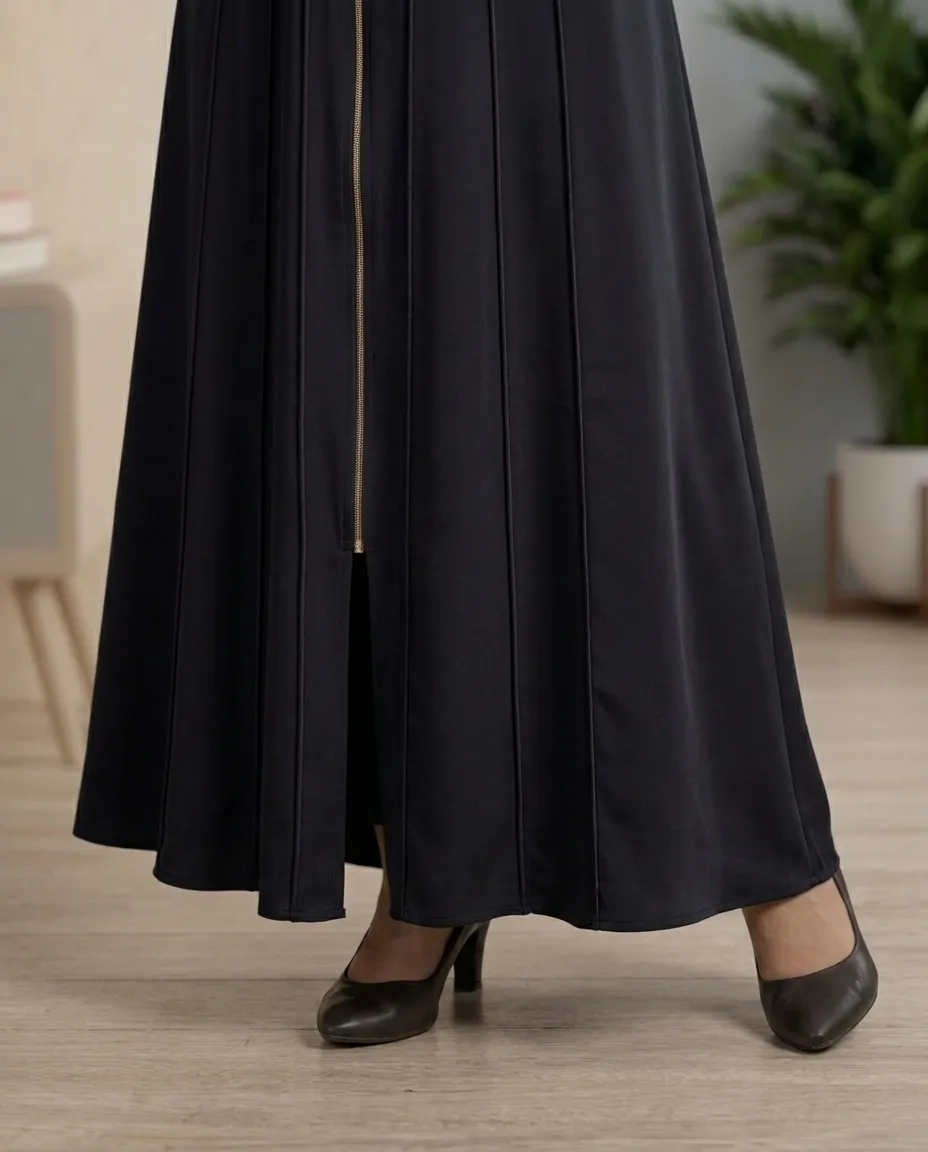 Women’s High-Neck Zipper Pleated Premium Black Abaya With Scarf