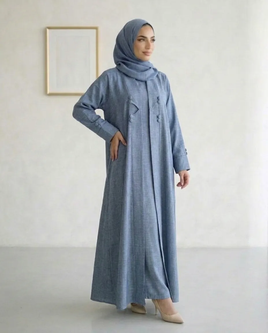 Light Blue Modest 3 Pieces Abaya Textured Fabric With Inner And Hijab
