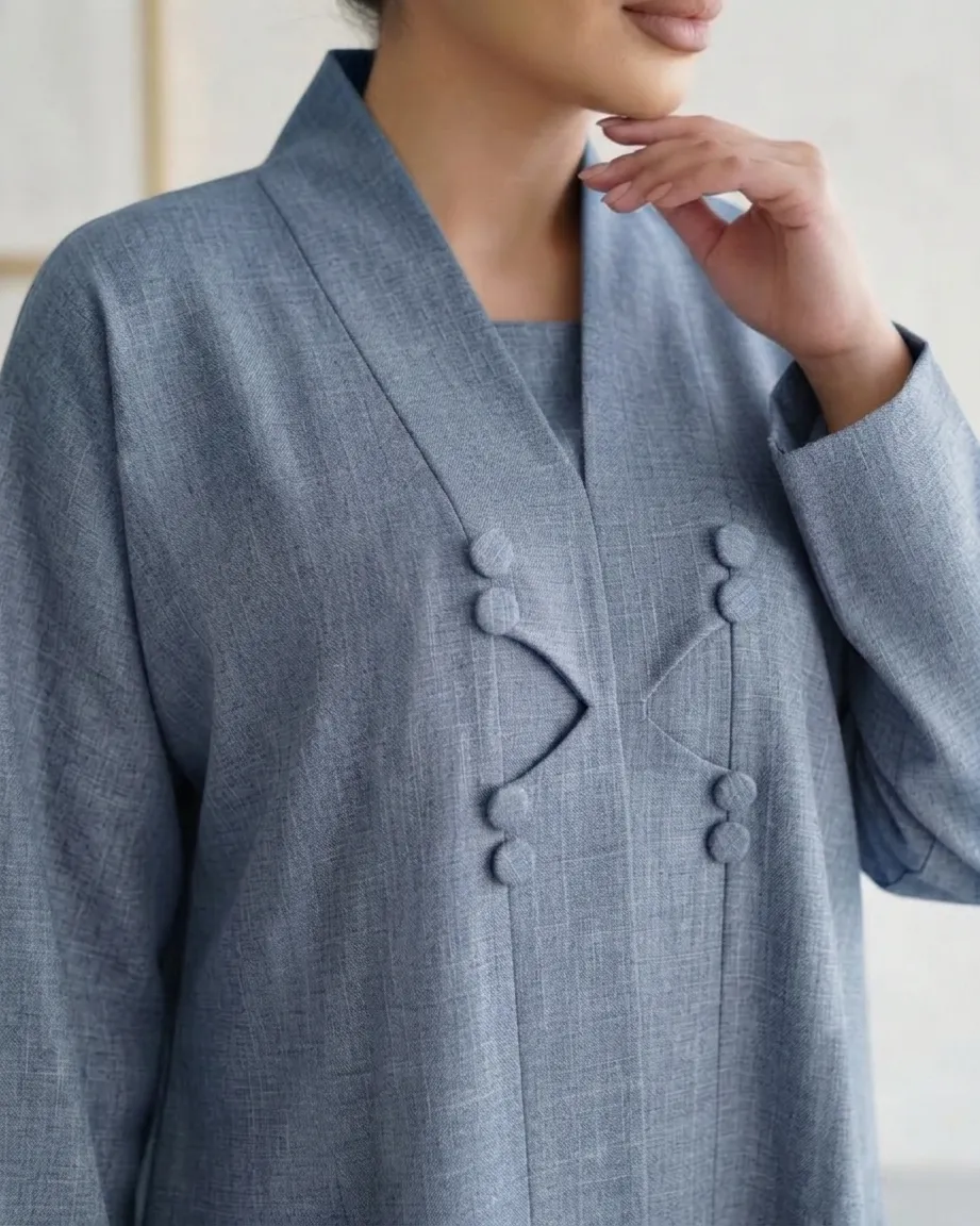 Light Blue Modest 3 Pieces Abaya Textured Fabric With Inner And Hijab