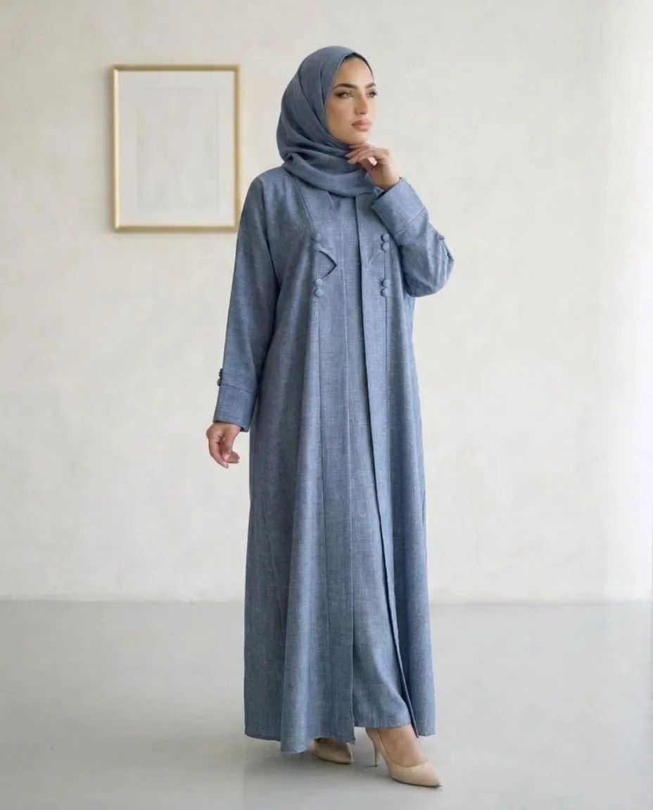 Light Blue Modest 3 Pieces Abaya Textured Fabric With Inner And Hijab