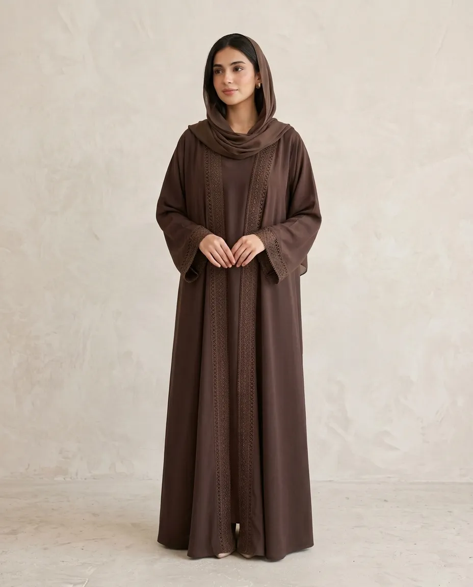 Premium Coffee 3-piece Abaya Set For Women With Lace Border Inner Hijab