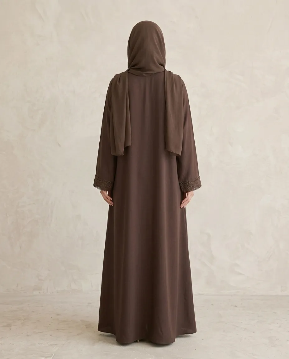 Premium Coffee 3-piece Abaya Set For Women With Lace Border Inner Hijab