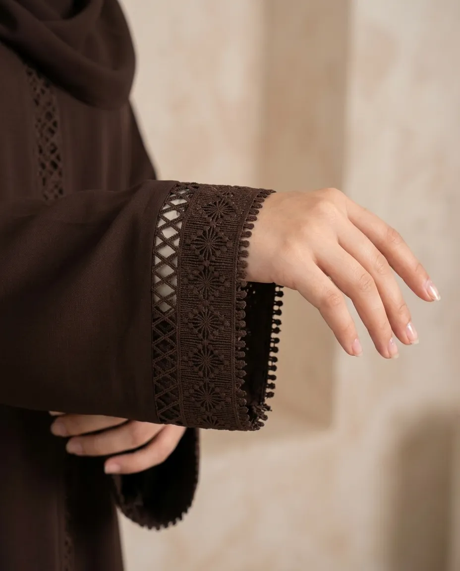 Premium Coffee 3-piece Abaya Set For Women With Lace Border Inner Hijab