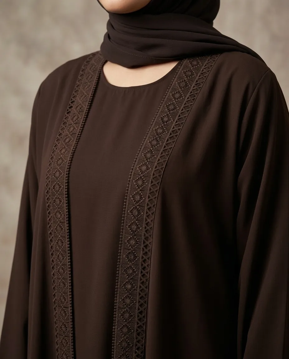 Premium Coffee 3-piece Abaya Set For Women With Lace Border Inner Hijab