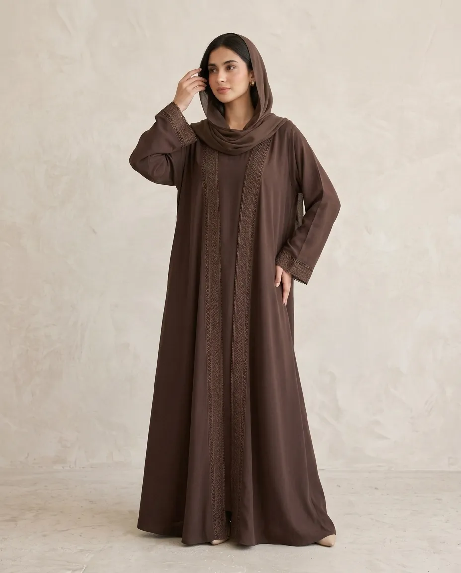 Premium Coffee 3-piece Abaya Set For Women With Lace Border Inner Hijab