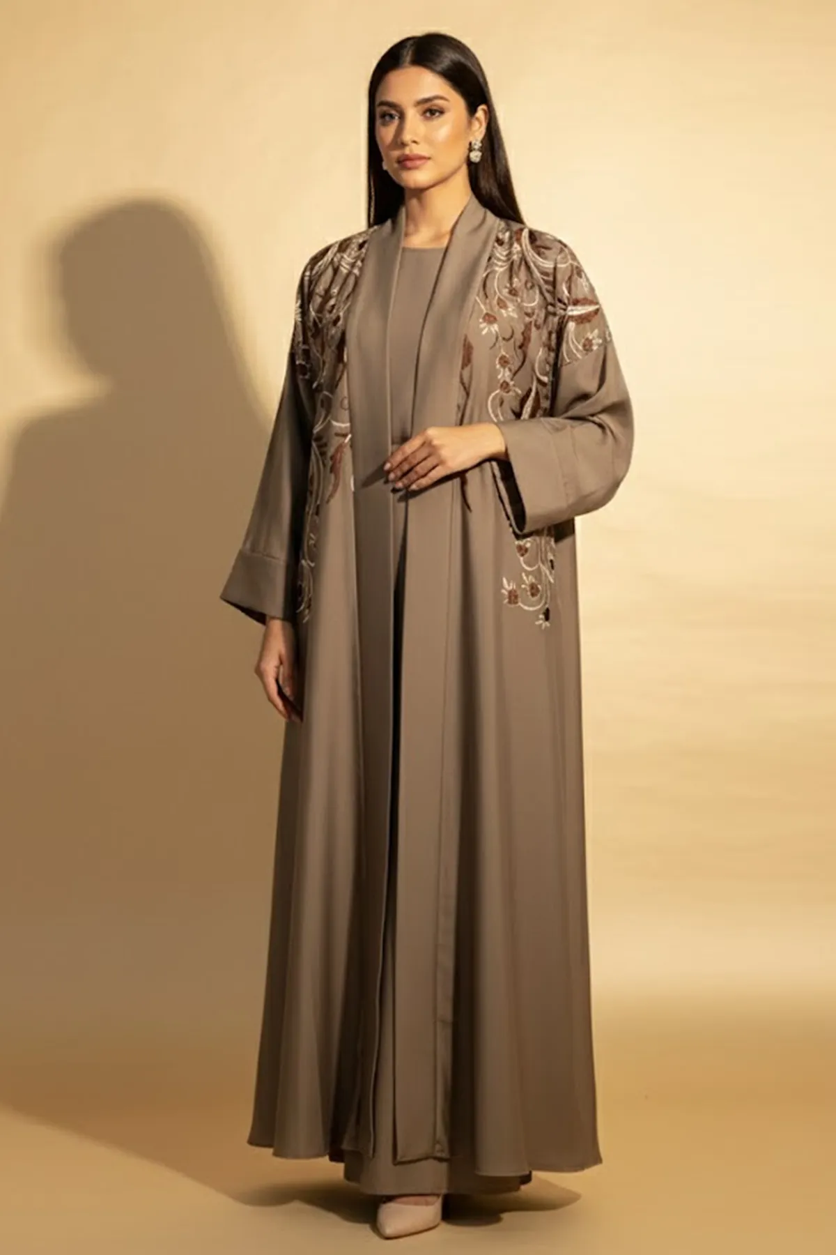 Elegant Embroidered 2 Piece Abaya Set For Women Muslim Wear Arabic Open Abaya With Inner Dress
