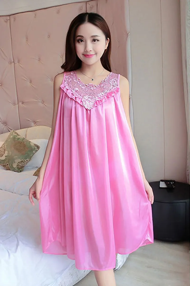 Elegant Pink Satin Nightgown With Lace Detail Womens Nighty Sleepwear